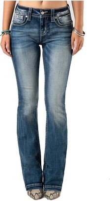 Women's Mid-Rise Catching Dreams & Flowers Embellished Dreamcatcher Boot Cut Jeans (Dark Blue