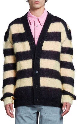 Contrast Stripe V-Neck Mohair & Virgin Wool Blend Cardigan