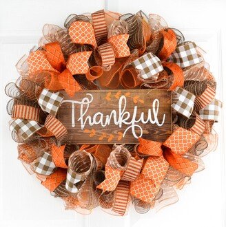 Thankful Wreath | Happy Fall Thanksgiving Deco Mesh Front Door Wreath; Brown Orange Burlap White