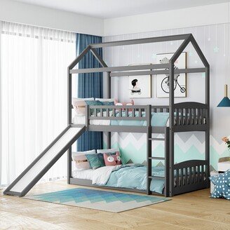 Aoolive Twin Over Twin Bunk Bed with Slide, House Bed with Slide-AA