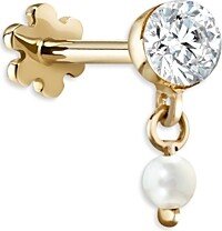 18K Yellow Gold Diamond & Cultured Pearl Dangle Single Stud Earring