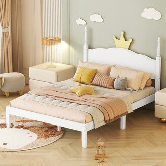 Aoolive Full Size Wood Princess Bed with Crown Shaped Headboard, Full Size Platform Bed with Headboard, No Box Spring Needed