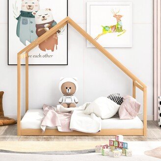 NINEDIN Full Size House Bed for Kids,Wooden House Floor Bed Frame,Simplistic Kids House Bed Frame for Toddlers, Girls, Boys, Natural