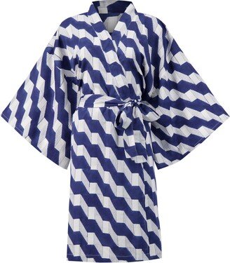 Kate Austin Designs Lena Organic Cotton Lounge Kimono Robe With Obi Belt Tie And Hidden Sleeve Pockets In Navy And White Three-Dimensional Block Print