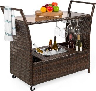 Best Choice Products Wicker Outdoor Rolling Bar Cart w/ Ice Bucket, Glass Countertop, Glass Holders, Storage - Brown