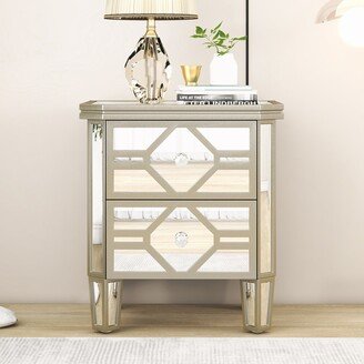 Elegant Mirrored 2-Drawer Side Table with Golden Lines