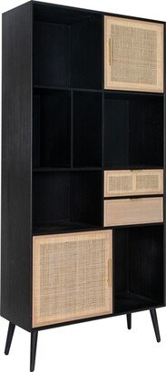 Dana 75 Inch Bookcase, 6 Unique Shelves, 4 Rattan Drawers, Black, Brown