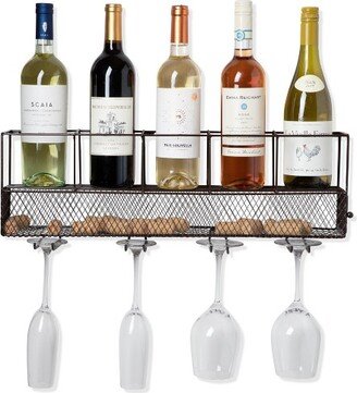 Wall Mounted Wire Wine Rack with Cork Cage, Stemware Holder, Holds 5 Bottles & 4 Wine Glasses, Brown-1
