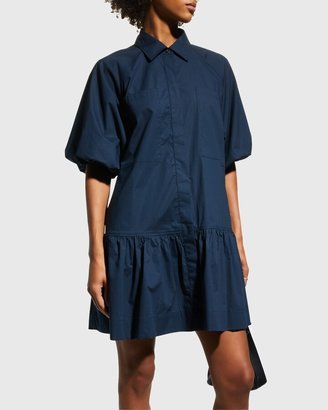 SIMKHAI Chrissy Puff-Sleeve Cotton Poplin Mini Shirtdress