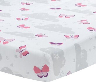 Butterfly Kisses Pink/White/Gray Cloud/Star Fitted Crib Sheet