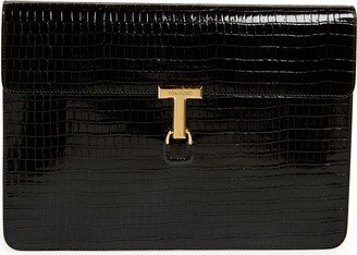 T-Clasp Croc Embossed Leather Portfolio