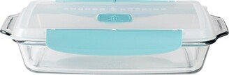 Glass 3 Quarts Bake Dish with Truelock Lid, 2 Piece Set - Clear Glass, Mineral Blue Lid