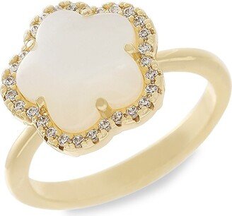 JanKuo 14K Goldplated, Cubic Zirconia & Mother Of Pearl Clover Ring
