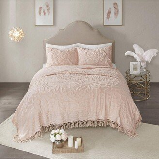 Gracie Mills 3-Piece Cotton Chenille Medallion Fringe Coverlet Set, Blush - California King