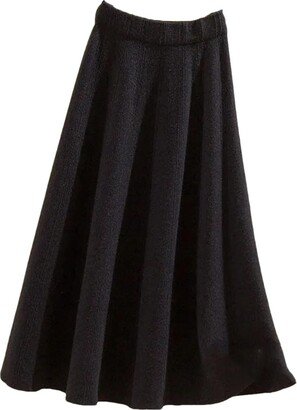 Saeohnssty Women High Waist A-Line Midi Skirts Autumn Winter Solid Color Knitted Pleated Skirts