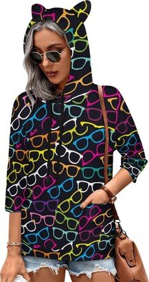 MENRIAOV Eyeglasses Art Pattern Womens Cute Hoodies with Cat Ears Sweatshirt Pullover with Pockets Shirt Top 3XL Style
