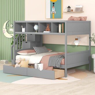 Tiramisubest Twin over Full Bunk Bed with Bookshelfs,2 Drawers,Storage Staircase