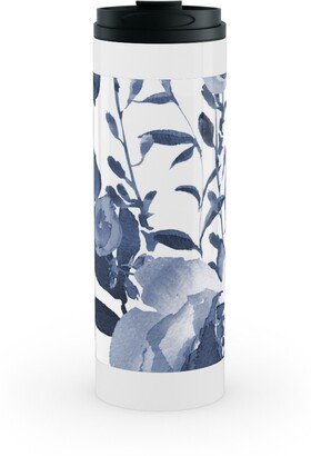 Travel Mugs: Blue And White Florals - Indigo Stainless Mug, White, 16Oz, Blue