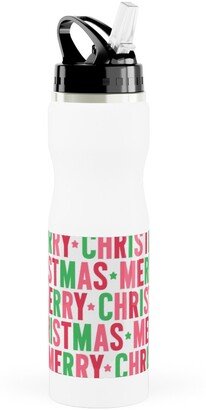 Photo Water Bottles: Merry Christmas Uppercase - Green, Pink, Red Stainless Steel Water Bottle With Straw, 25Oz, With Straw, Multicolor