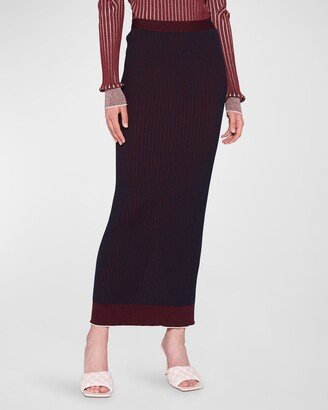 Snap-Slit Bi-Color Cotton Rib Maxi Skirt