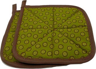 Fall Potholders Handmade Quilted Reversible Olive & Brown Circles On Background - Set Of 2