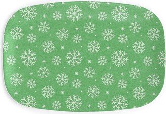 Serving Platters: Snowflakes On Mottled Green Serving Platter, Green