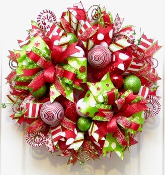 Christmas Wreaths For Front Door, Whimsical Wreath, Deco Mesh Wreath, Holiday Decor, Red Lime Wreath