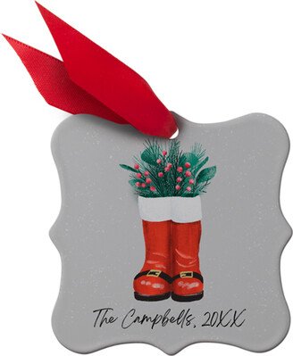 Ornaments: Santa Boots Family Name Metal Ornament, Gray, Square Bracket
