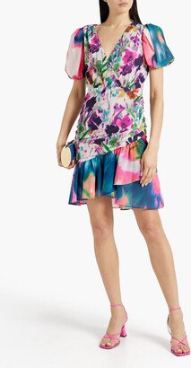 Ruched floral-print crepe de chine mini dress