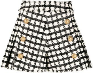 Checked Button-Embellished Tweed Shorts