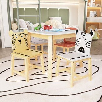 Mieres 5 Piece Cute Kids Table and Chair Set, Kids Wood Table with 4 Cartoon Animals Chairs Set（3-8 Years Old）