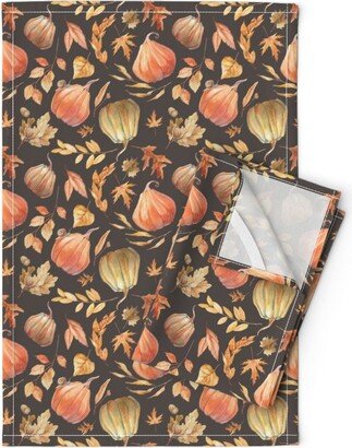 Autumn Harvest Tea Towels | Set Of 2 - Fall Leaves & Pumpkins By Hipkiddesigns Halloween Linen Cotton Spoonflower