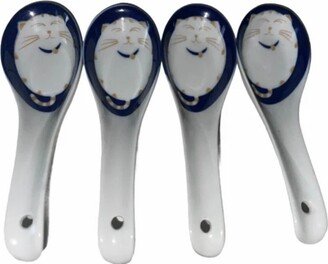 4Pcs White Blue Porcelain Spoons Cat Pattern Asian Ceramics Japanese Spoon