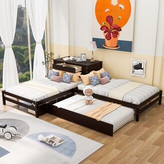 Calnod L-Shaped Full Size Platform Beds with Twin Size Trundle & Drawers Linked with Built-in Rectangle Table for Kids Teens Adults