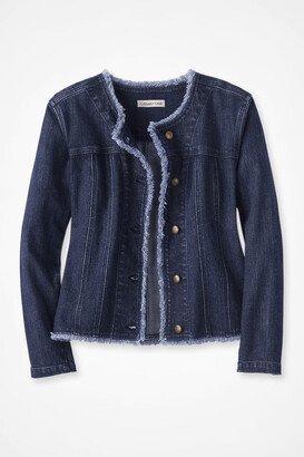 Women's Frayed Edge Denim Jacket - Dark Wash - PS - Petite Size