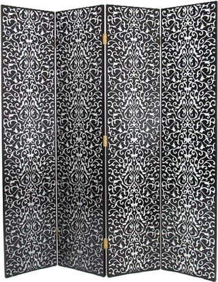 Wooden 4 Panel Room Divider with Scrolling Motifs, Black and Silver