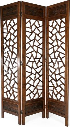 3 Mirrored Panel Screen with Abstract Cut Out Pattern, Brown