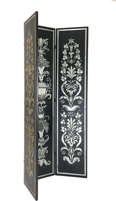 Wooden Double Sided 3 Panel Room Divider with Motifs, Multicolor