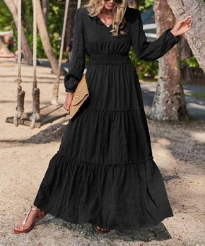 Black Textured Bishop-Sleeve V-Neck Maxi Dress - Women