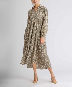 Light Olive & Peach Floral Tiered Puff-Sleeve Maxi Dress - Women