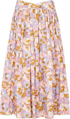 Floral-Printed Twist Waist Midi Skirt-AA