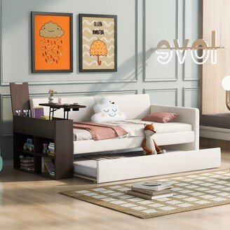 Sunmory Twin Size Upholstered Daybed with Storage Arm and Trundle