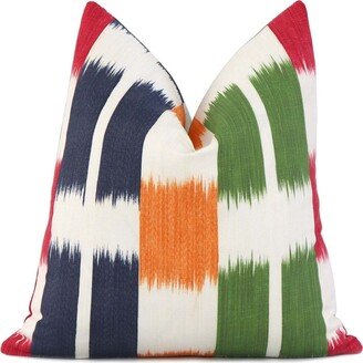 Thibaut Kasuri Orange Green Pink Blue Striped Designer Throw Pillow Cover With Gold Zipper For Chairs Sofas, Linen Euro Sham Cushion Case