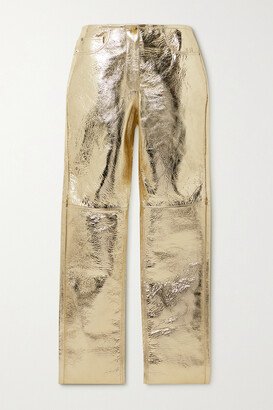 Metallic Leather Straight-leg Pants - Gold