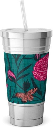 Travel Mugs: Modern Chintz Stainless Tumbler With Straw, 18Oz, Green