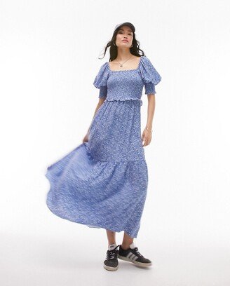 shirred midi dress with short sleeves in blue floral