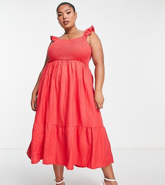 New Look Plus New Look Curve tiered midi dress with ruffle sleeves in red