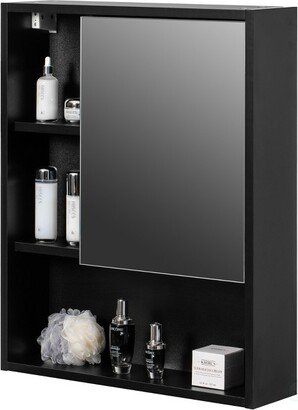 Wall Mount Bathroom Mirrored Storage Cabinet with Open Shelf | 2 Adjustable Shelves Medicine Organizer Storage Furniture (Black)