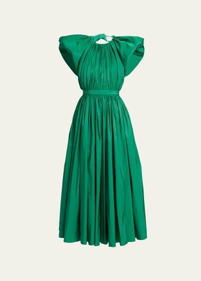 Pleated Midi Dress with Exaggerated Puff Sleeves