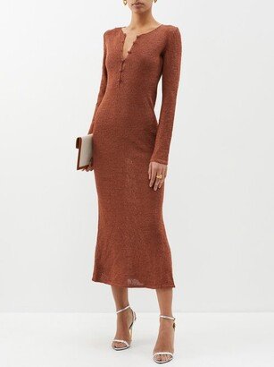 Button-front Open-knit Raffia Midi Dress